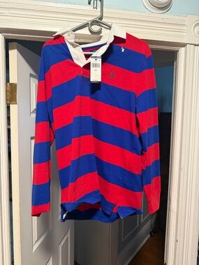 Ralph Lauren Men’s Long-Sleeve Rugby Polo in Red & Blue